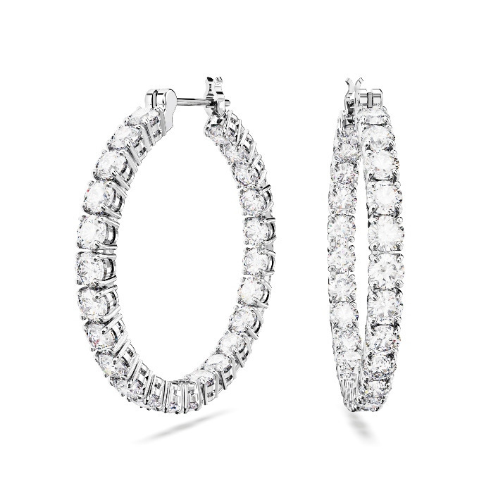 Matrix Tennis hoop earrings, Round cut, White, Rhodium plated