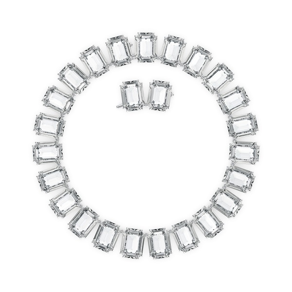 Колье, Кристаллы огранка октагон, Белый, Родиевое покрытие Millenia Swarovski