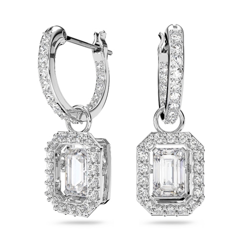 Серьги-подвески, Кристаллы огранка октагон, Белый, Родиевое покрытие Una Swarovski