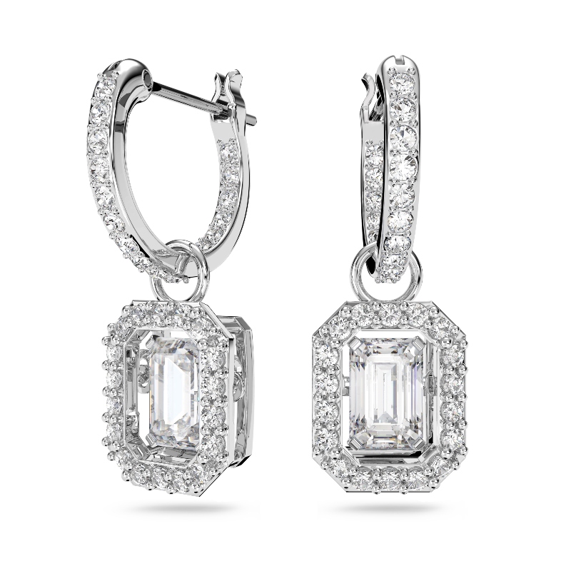 Серьги-подвески, Кристаллы огранка октагон, Белый, Родиевое покрытие Una Swarovski