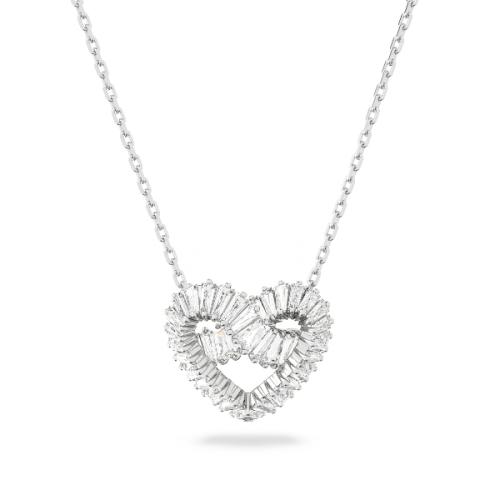 Pendant, Mixed cuts, Heart, White, Rhodium plated Matrix Swarovski