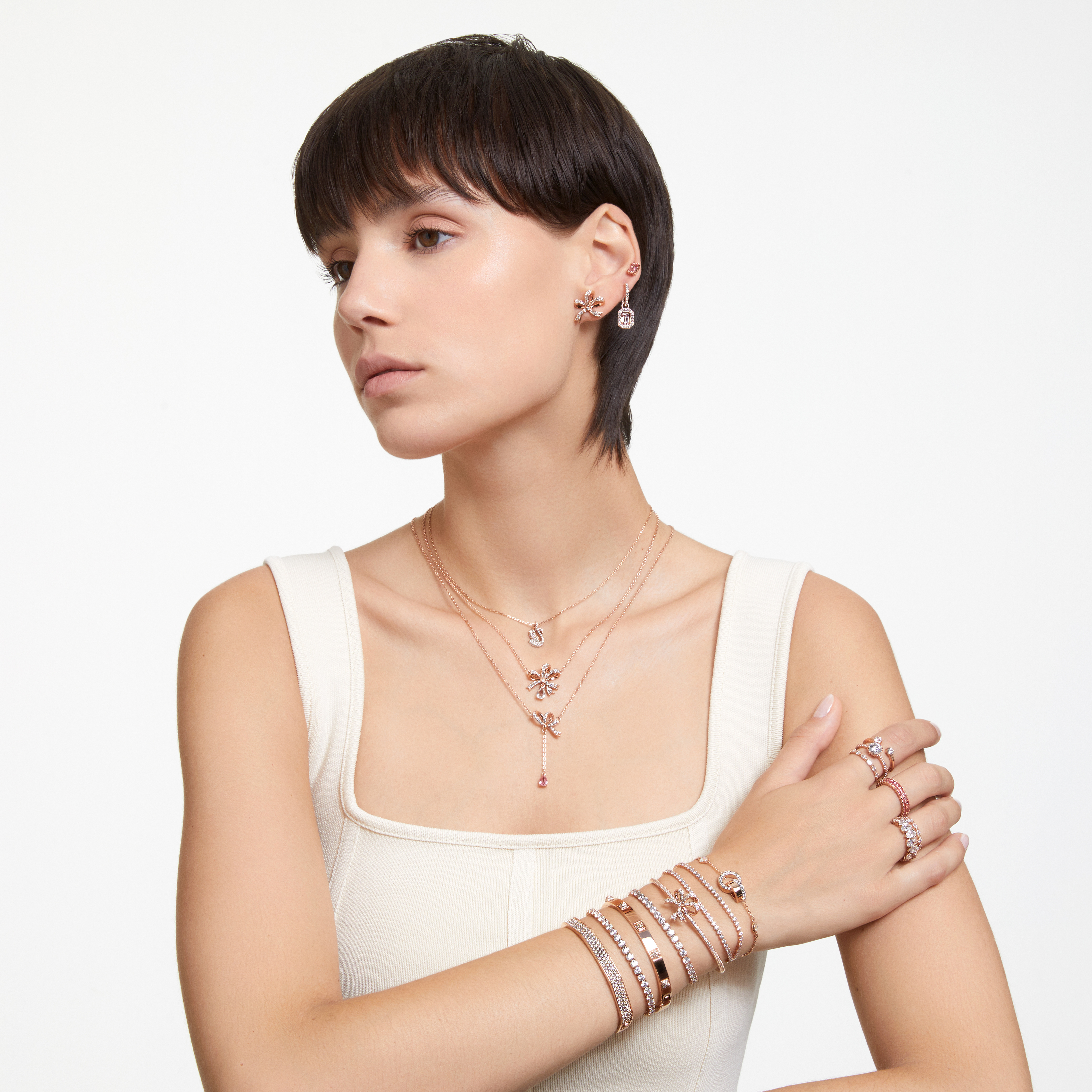Gredzens, Bageteveida griezums, Rozā, Rozā zelta toņa pārklājums Matrix Swarovski 6