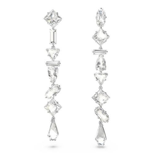 Серьги-подвески, Разные огранки, Длинные, Белые, Родиевое покрытие Mesmera Swarovski