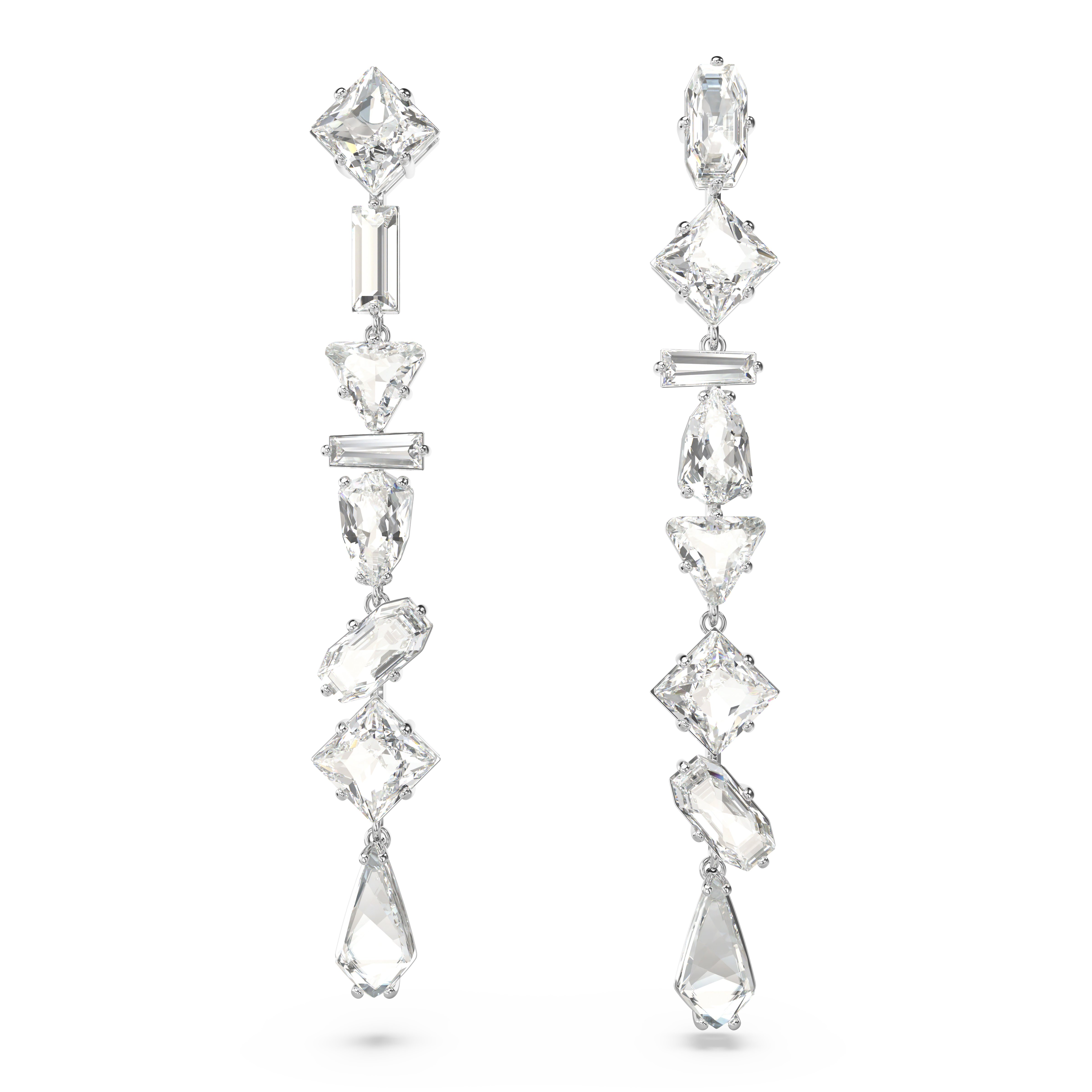 Серьги-подвески, Разные огранки, Длинные, Белые, Родиевое покрытие Mesmera Swarovski