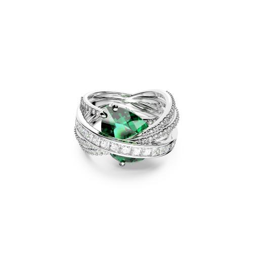 Cocktail ring, Carbon neutral zirconia, Mixed cuts, Four bands, Green, Rhodium plated