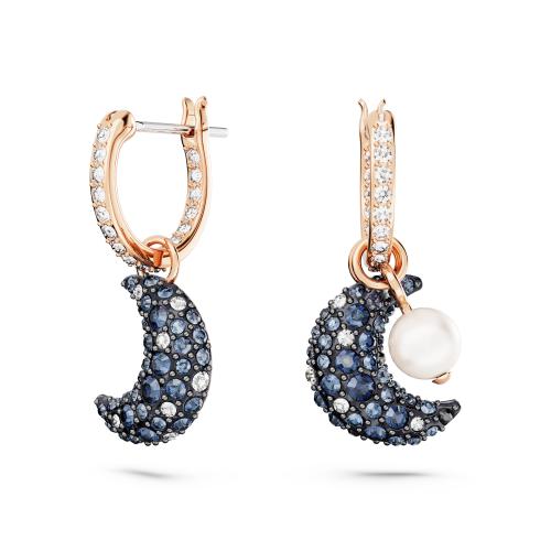 Nokarenie auskari, Asimetriska kristāla forma, Mēness, Daudzkrāsains, Rozā zelta toņa pārklājums Sublima Swarovski