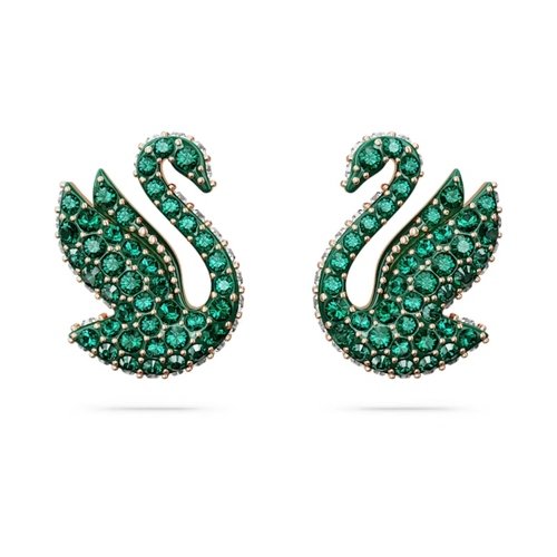 Пуссеты, Лебедь, Зеленые, Покрытие оттенка розового золота SWAN PAVE Swarovski