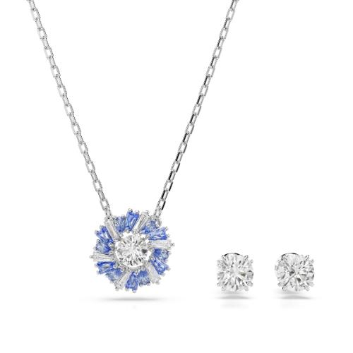 Комплект, Разные огранки, Цветок, Синее, Родиевое покрытие Swarovski
