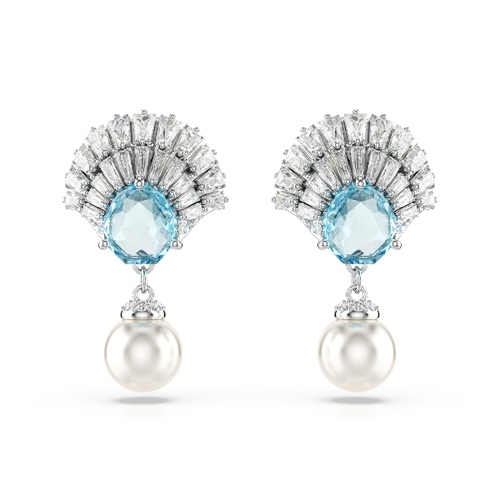Drop earrings, Shell, Blue, Rhodium plated Swarovski