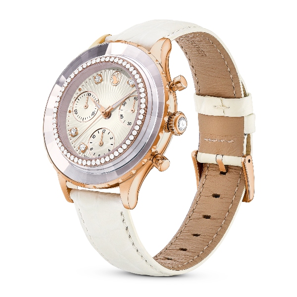 Pulkstenis, Ražots Šveicē, Ādas jostas, Balts, Rozā zelta toņa pārklājums Octea Swarovski 2