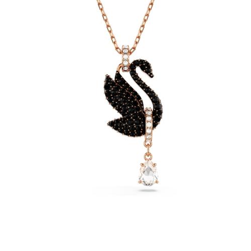 Kulons, Gulbis, Melns, Rozā zelta pārklājums Swan Swarovski
