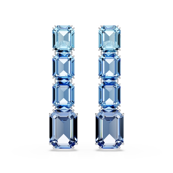 Серьги-подвески, Кристаллы огранка октагон, Синие, Родиевое покрытие Millenia Swarovski