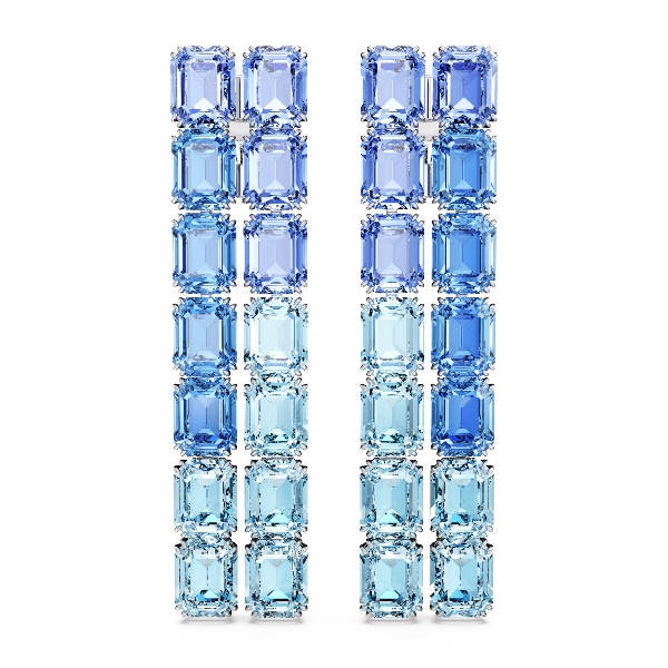 Клипсы, Кристаллы огранка октагон, Синие, Родиевое покрытие Millenia Swarovski