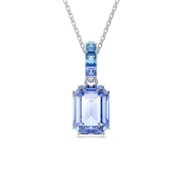 Кулон, Кристаллы огранка октагон, Синее, Родиевое покрытие Millenia Swarovski