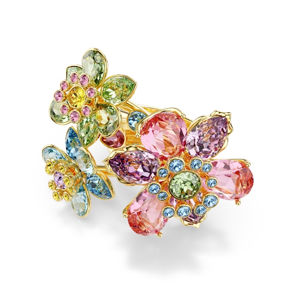 Кольцо, Разные огранки, Цветок, Многоцветный, Покрытие оттенка золота Idyllia Swarovski
