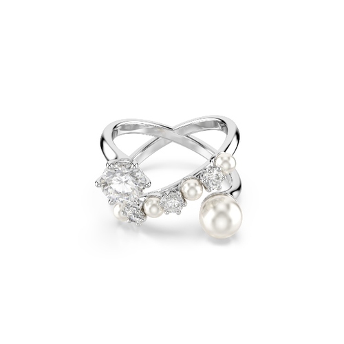 Cocktail ring, Crystal pearl, Round cut, White, Rhodium plated