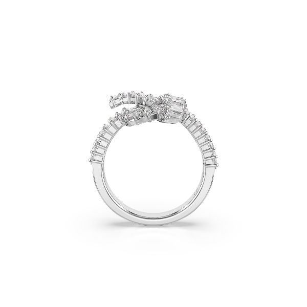 Ring, Baguette cut, Knot, White, Rhodium plated Matrix Swarovski 3