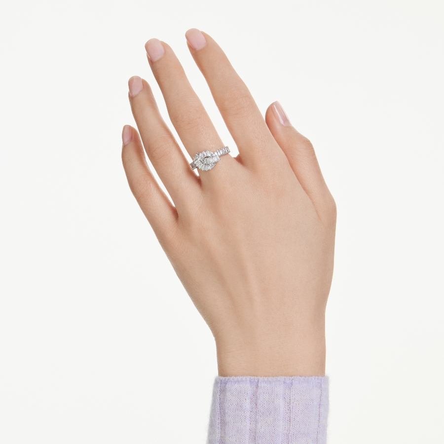Ring, Baguette cut, Knot, White, Rhodium plated Matrix Swarovski 5