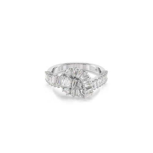 Ring, Baguette cut, Knot, White, Rhodium plated Matrix Swarovski