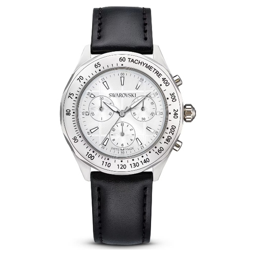 Tachymetre watch, Swiss Made, Leather strap, Silver tone, Stainless steel Dextera Swarovski