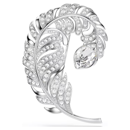 Brooch, Mixed cuts, Feather, Rhodium plated Idyllia Swarovski