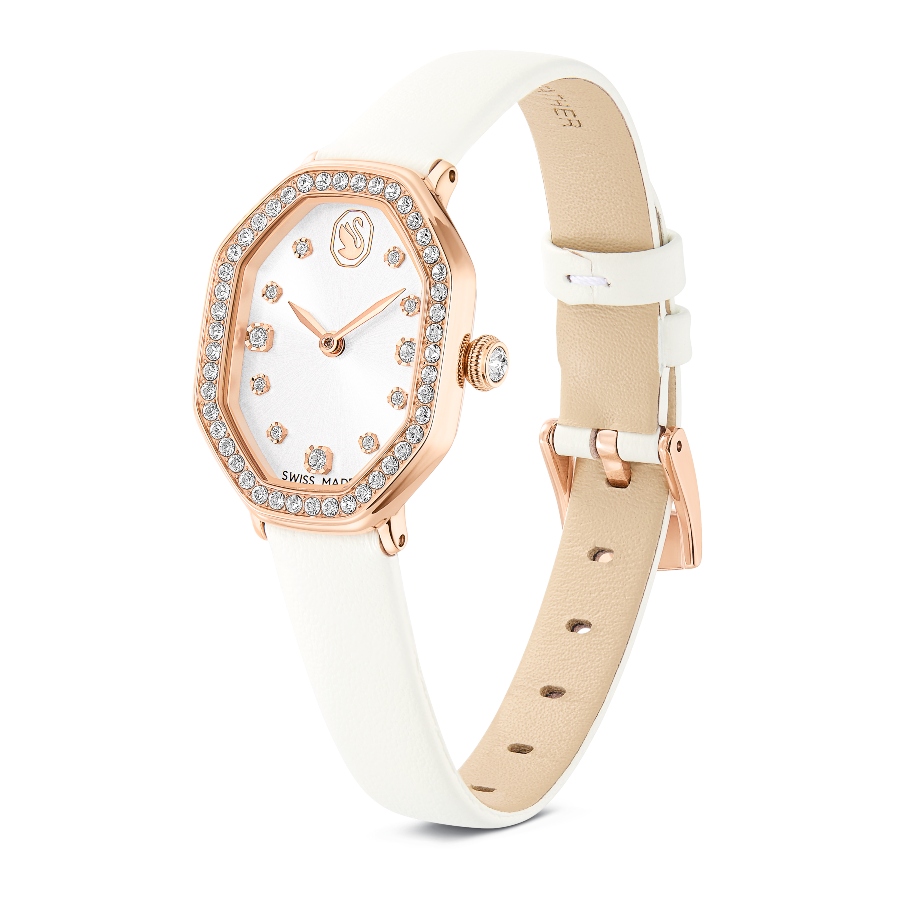 Watch, Swiss Made, Leather strap, White, Rose gold-tone finish Dextera Swarovski 2