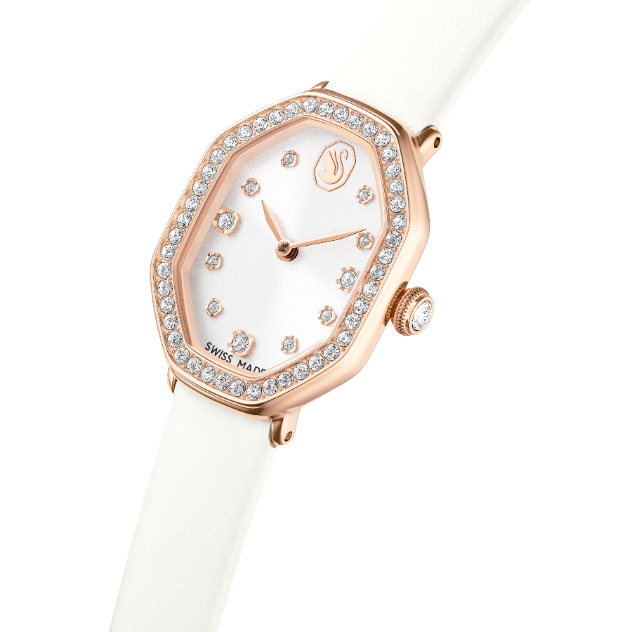 Watch, Swiss Made, Leather strap, White, Rose gold-tone finish Dextera Swarovski 4