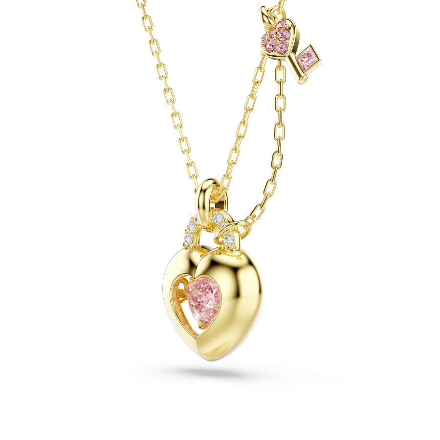 Pendant, Mixed cuts, Heart, Key, Pink, Gold-tone plated Idyllia Swarovski 3