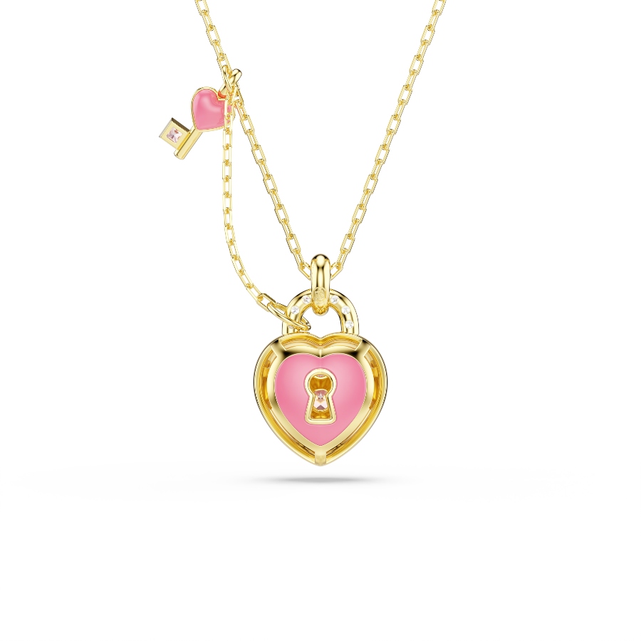 Pendant, Mixed cuts, Heart, Key, Pink, Gold-tone plated Idyllia Swarovski 5