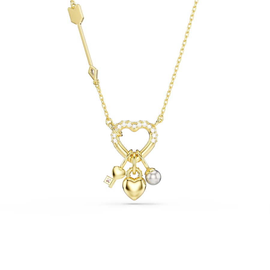 Pendant, Mixed cuts, Heart, Key, Pink, Gold-tone plated Idyllia Swarovski 5