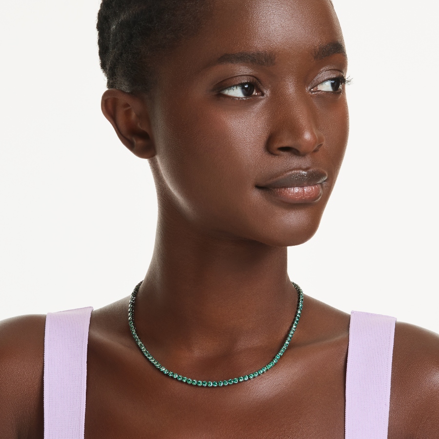 Necklace, Round cut, Green, Ruthenium plated Matrix Swarovski 6