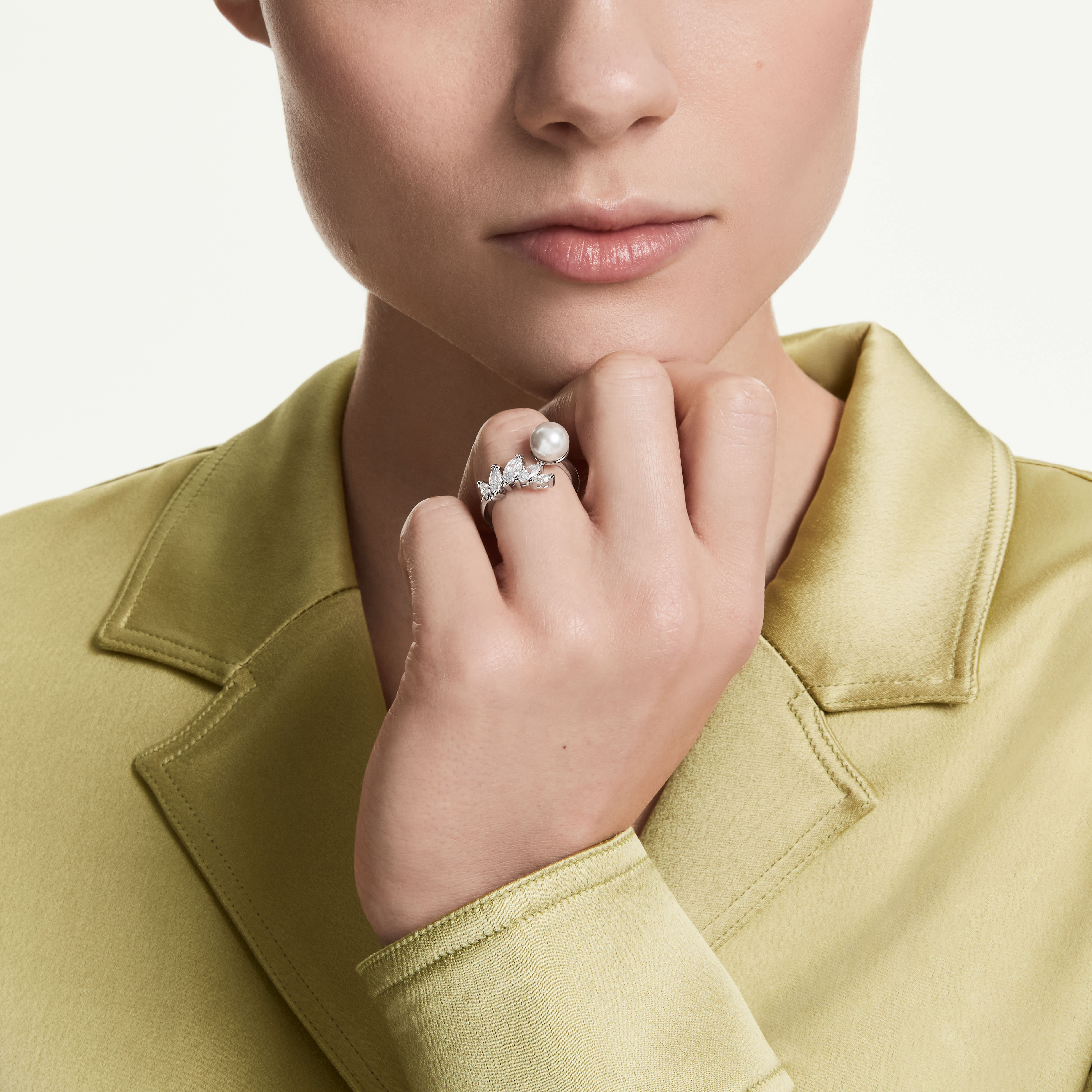 Open ring, Crystal pearl, Marquise cut, White, Rhodium plated Mesmera Swarovski 6