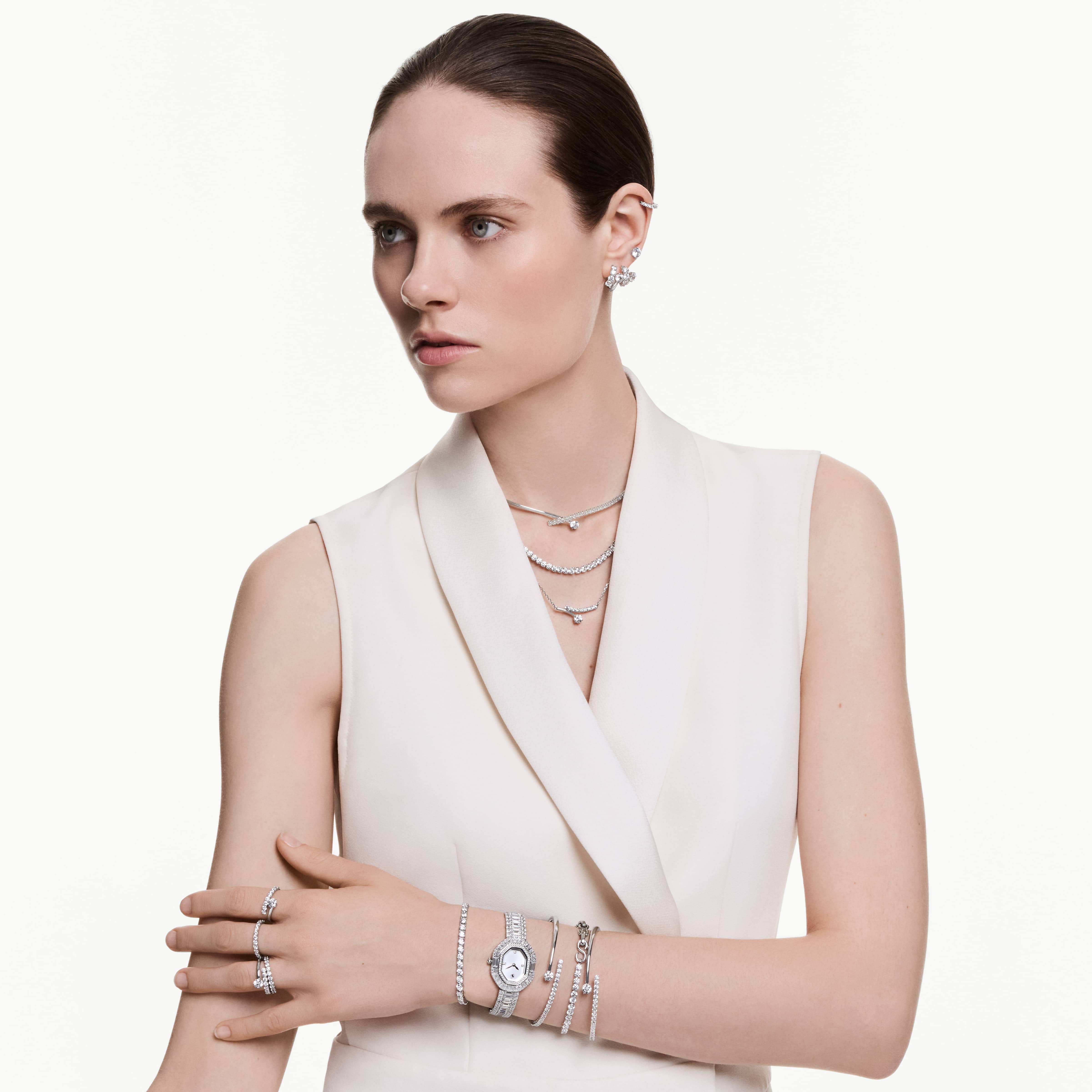 Bangle, Round cut, White, Rhodium plated Matrix Swarovski 6