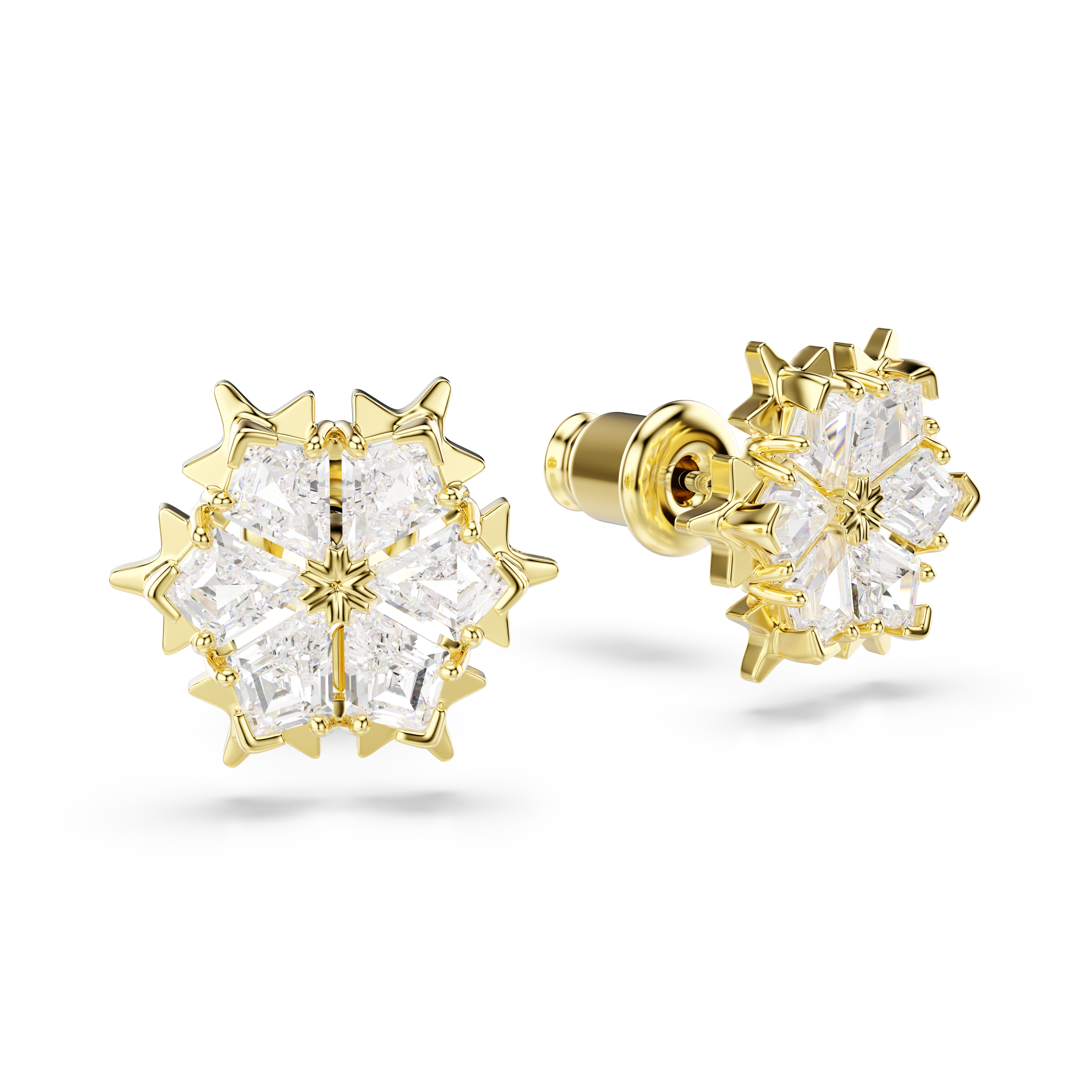 Stud earrings, Mixed cuts, Snowflake, White, 18K gold finish Magic Swarovski 3