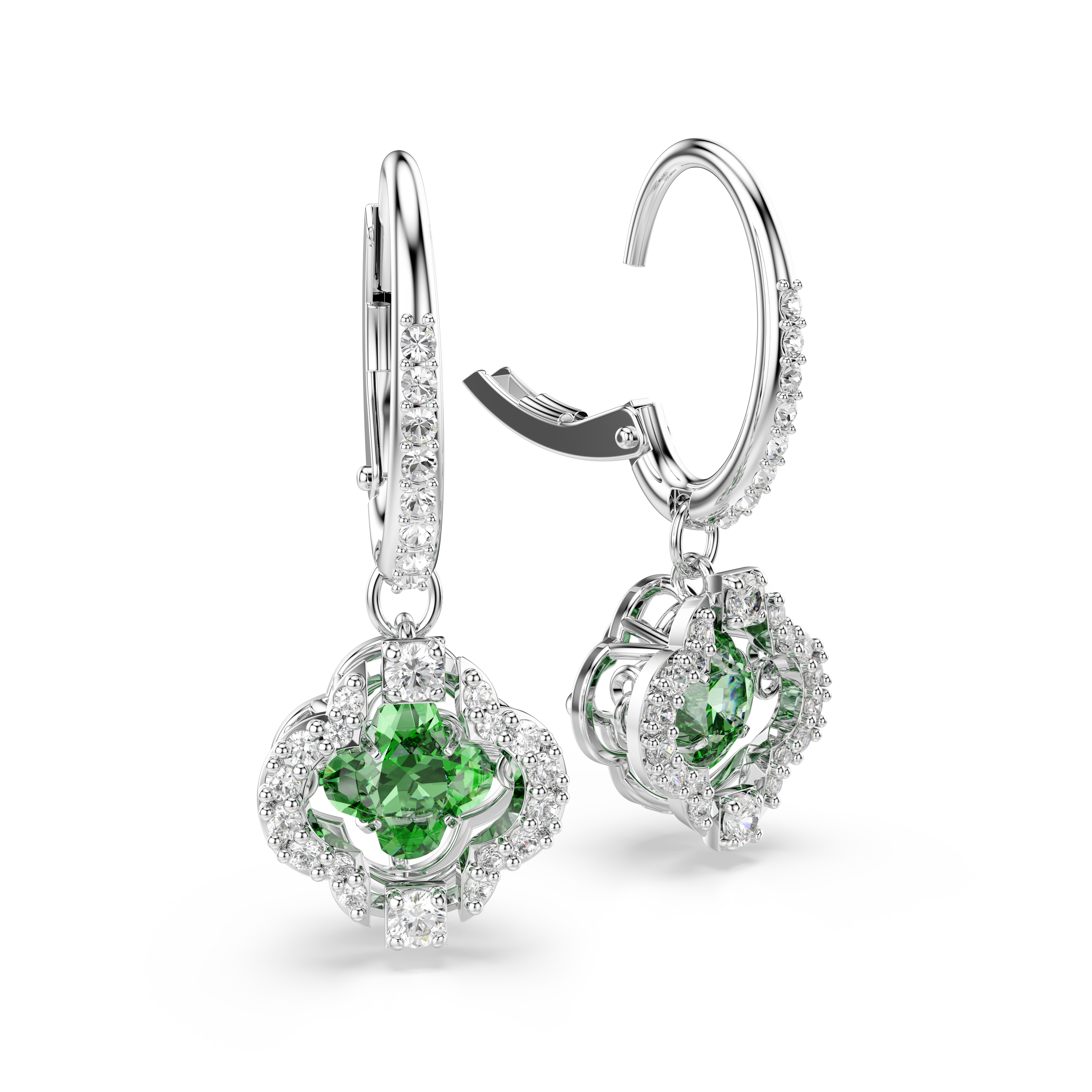 Drop earrings, Mixed cuts, Green, Rhodium plated Una Angelic Swarovski 3
