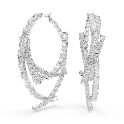 Hoop earrings, Mixed cuts, White, Rhodium plated Matrix Swarovski