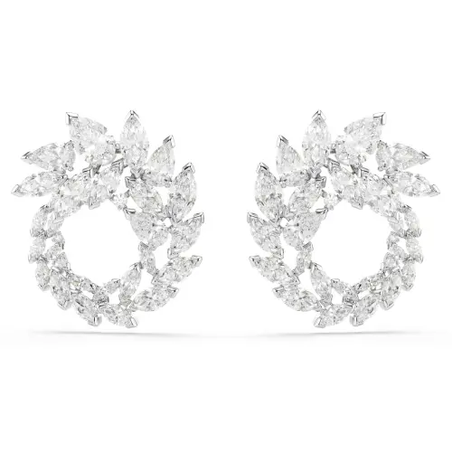 Hoop earrings, Marquise cut, White, Rhodium plated Mesmera Swarovski