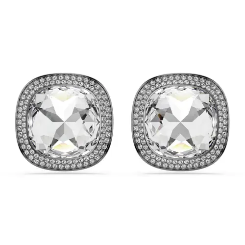 Clip earrings, Cushion cut, White, Ruthenium plated Una Swarovski