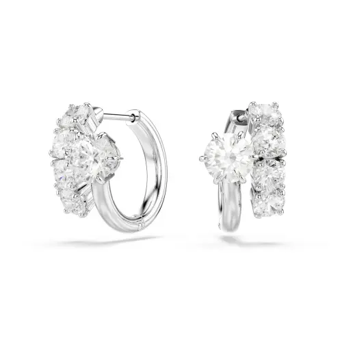 Hoop earrings, Round cut, White, Rhodium plated Matrix Swarovski