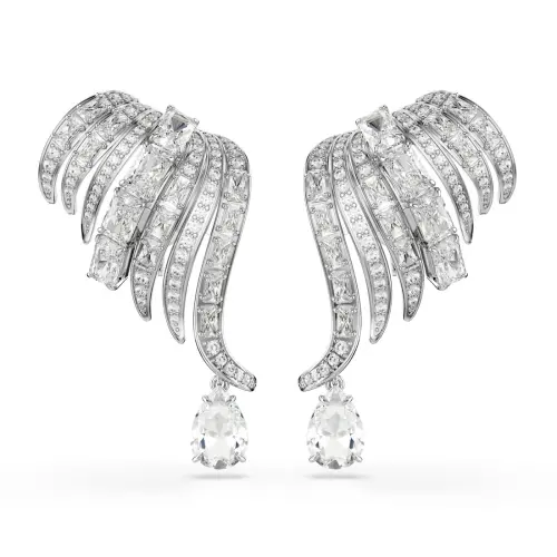 Clip earrings, Mixed cuts, Swan, White, Rhodium plated Vienna Swarovski