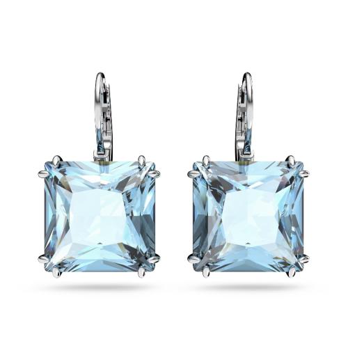 Drop earrings, Square cut, Blue, Rhodium plated Millenia Swarovski