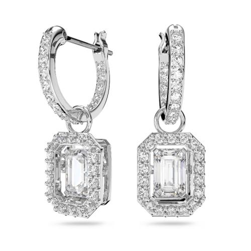 Drop earrings, Octagon cut, White, Rhodium plated Una Swarovski