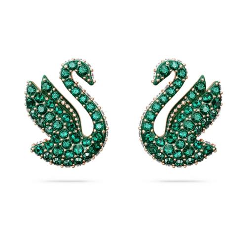 Stud earrings, Swan, Green, Rose gold-tone plated SWAN PAVE Swarovski
