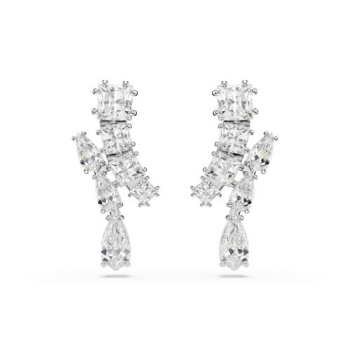 Drop earrings, Mixed cuts, White, Rhodium plated Matrix Swarovski