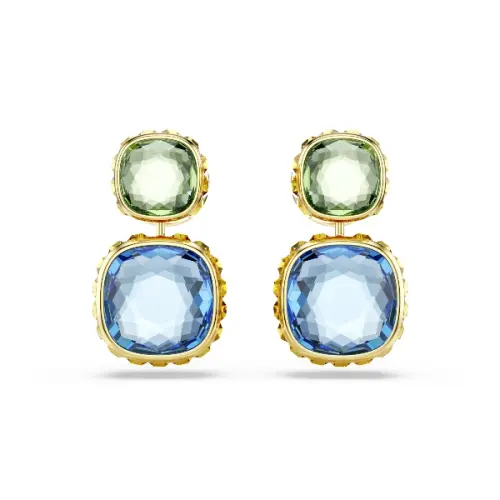 Drop earrings, Cushion cut, Multicolored, Gold-tone plated