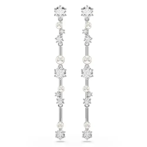 Drop earrings, Crystal pearl, Round cuts, White, Rhodium plated