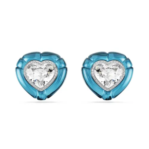 Clip earrings, Heart cut, Pavé, Heart, Blue, Rhodium plated Dulcis Swarovski
