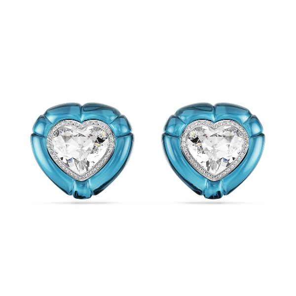 Clip earrings, Heart cut, Pavé, Heart, Blue, Rhodium plated