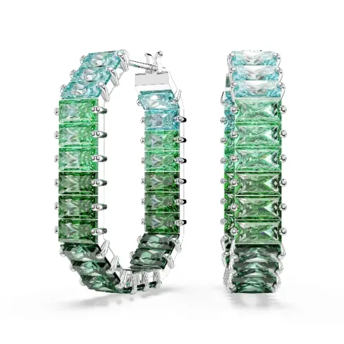 Hoop earrings, Baguette cut, Green, Rhodium plated Matrix Swarovski