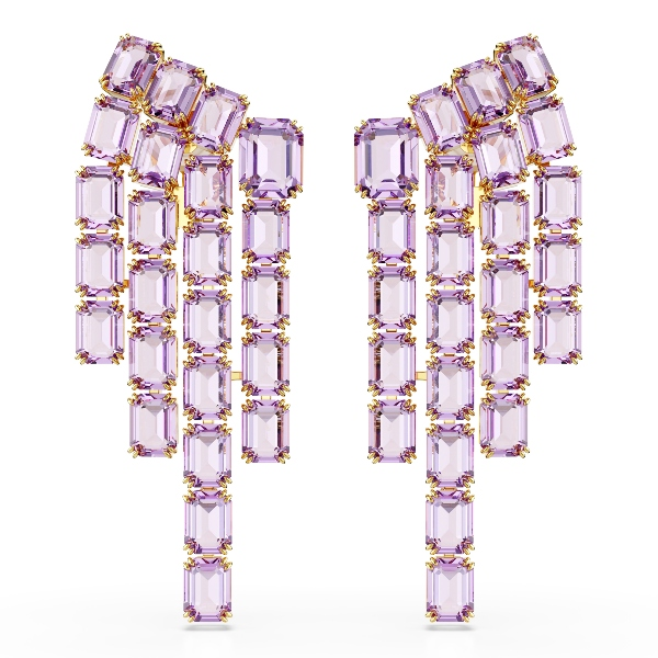 Clip earrings, Octagon cut, Chandelier, Purple, Gold-tone plated